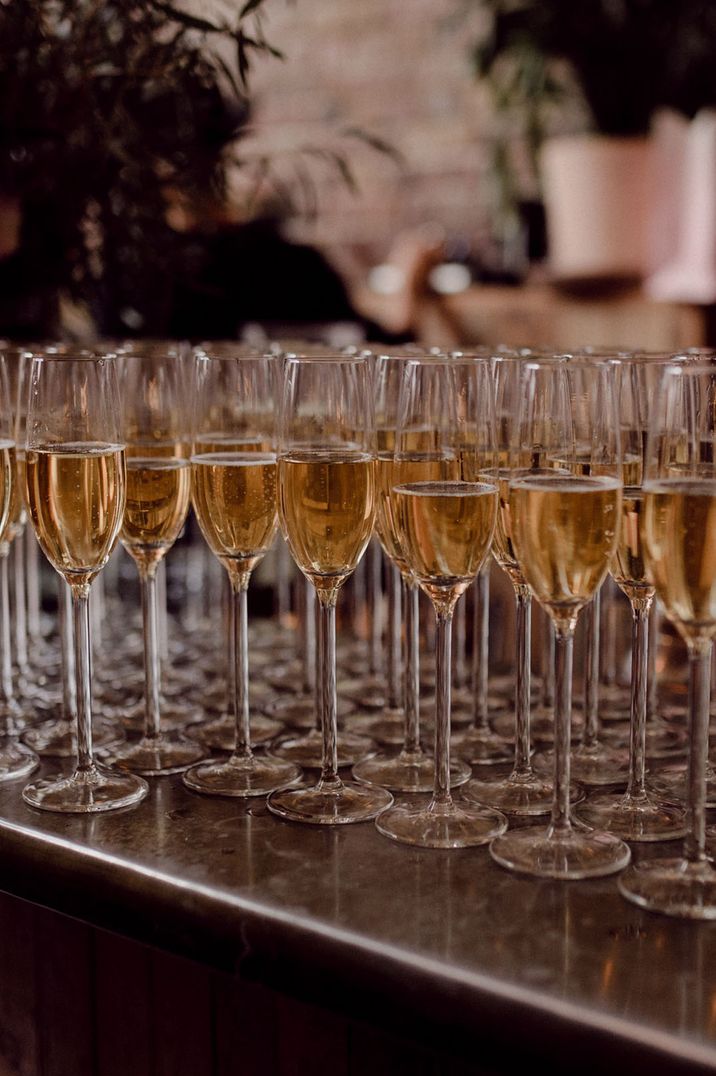 Glasses of champagne on a bar waiting for people to drink 