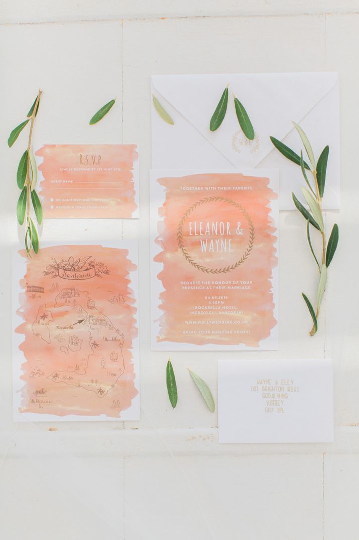 Peach water colour on the day wedding stationery flatlay 