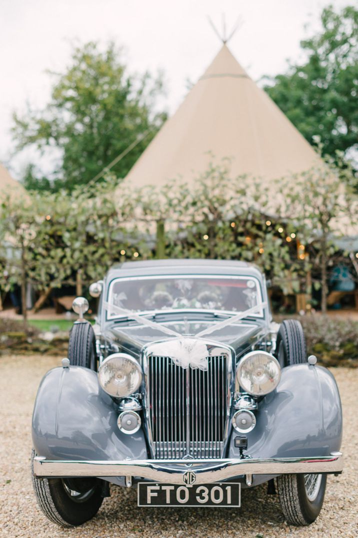 Classic blue wedding car 