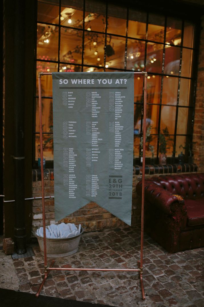 Grey fabric table plan with copper frame