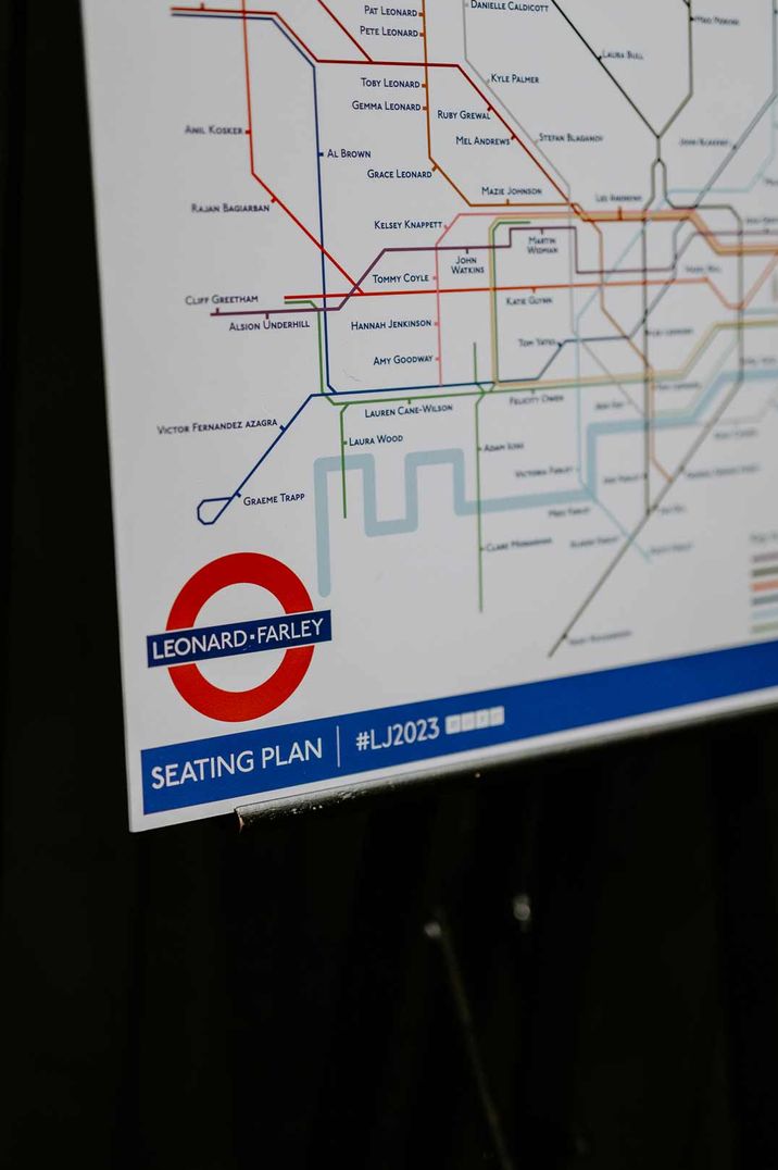 Alternative personalised London tube map wedding seating plan at The Gherkin wedding