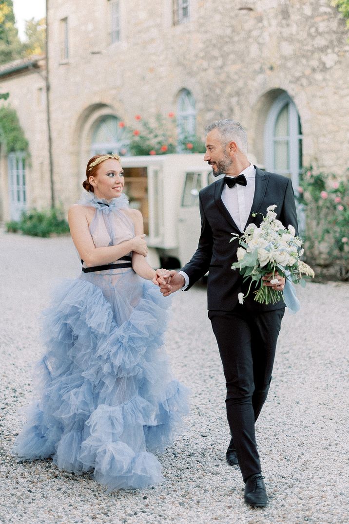 blue coloured wedding dress with tulle ruffles 