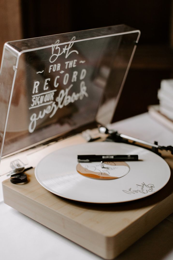 Record player fun and unique wedding guest book idea 