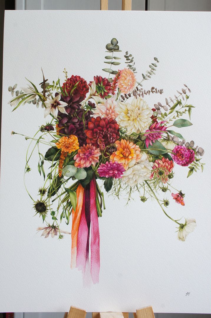 Stunning realistic bouquet drawing by The Custom Botanist with cafe au lait dahlias | The Custom Botanist | <a href="https://www.rockmywedding.co.uk/wedding-suppliers/the-custom-botanist " target="_blank" rel="noopener">Take a look at this Recommended Supplier</a>