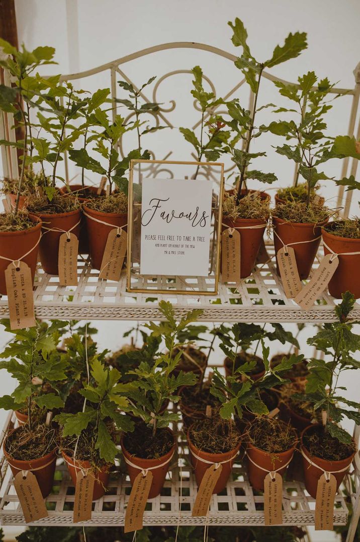 Plant pot wedding favours and DIY golden framed sign at wedding