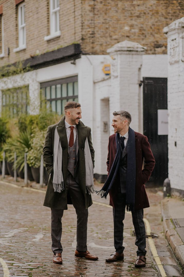 Grooms wear stylish suits with scarves in London for last minute wedding