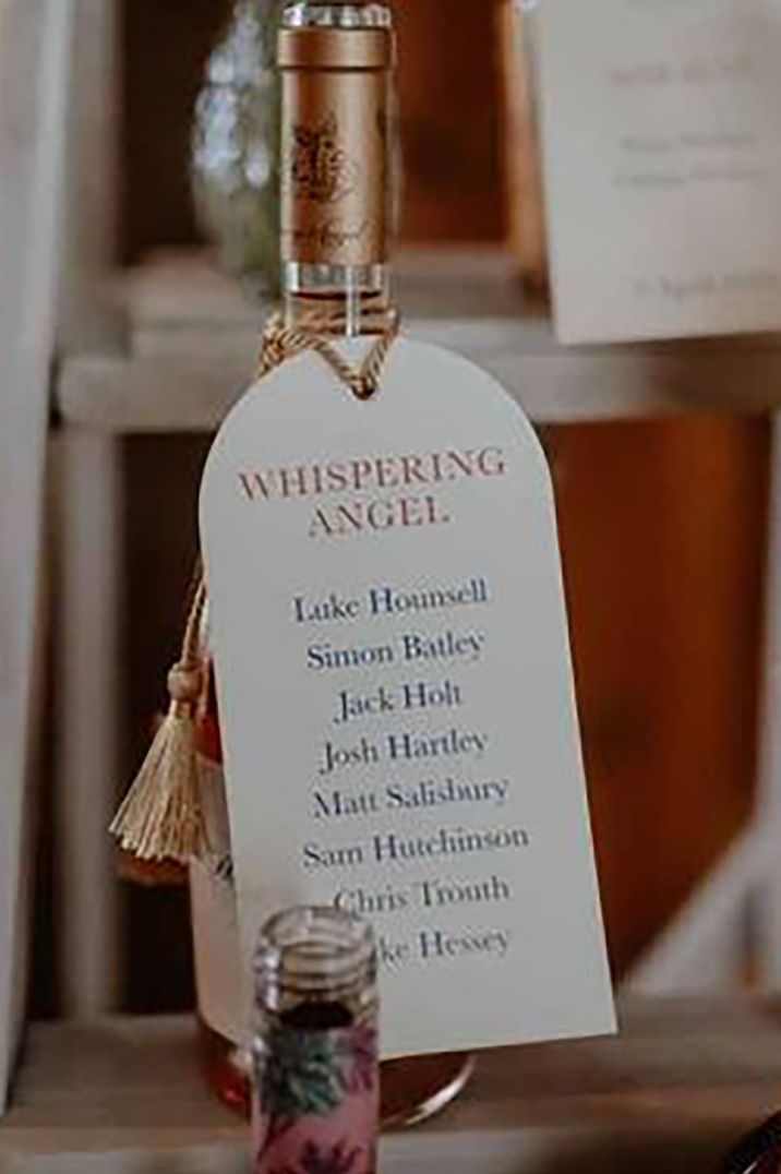 Whispering Angel wine label on bottle used for wedding table seating plan by The Kensington Photographer