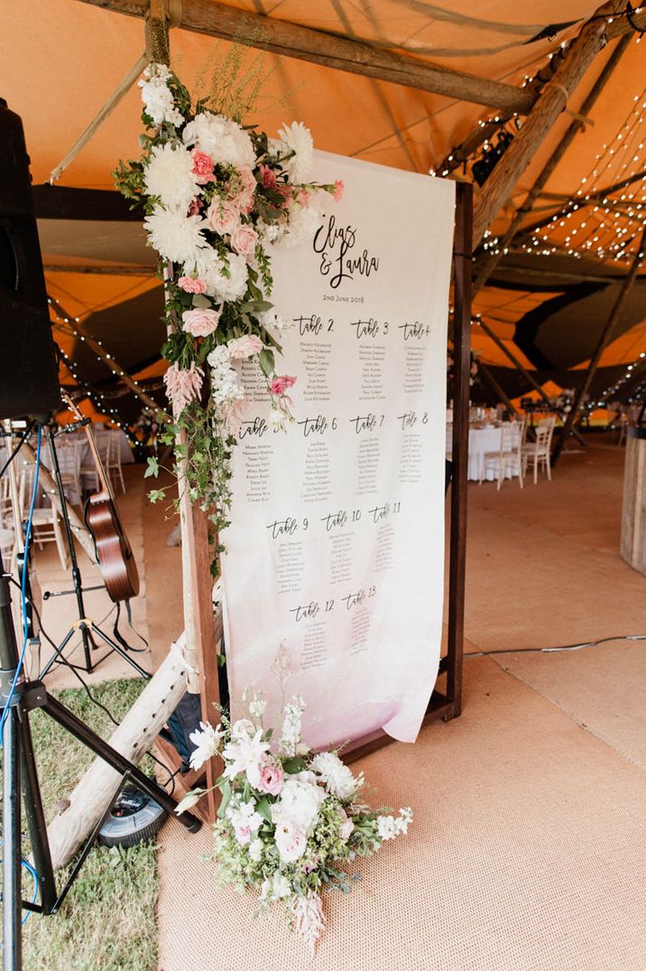 Pink and white ombre wedding table plan with pink and white flowers to match for tipi wedding 