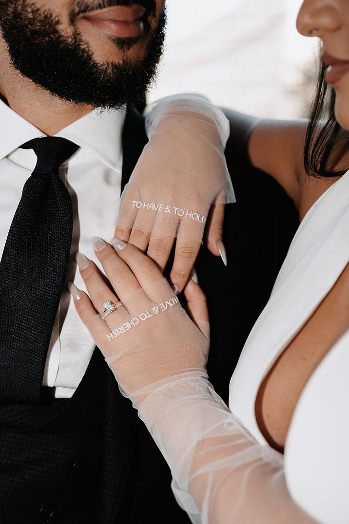 Bride wears personalised sheer gloves 