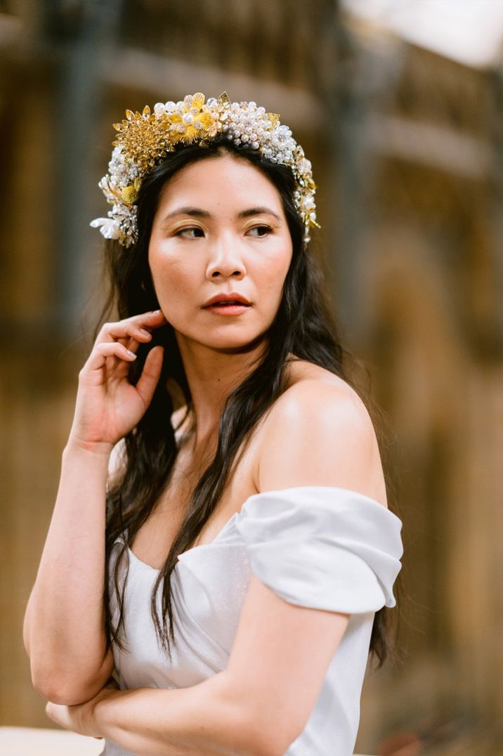 Stunning bridal headband with pearls and diamantés and yellow flowers 