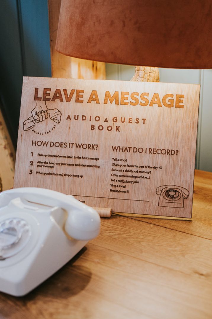 rotary telephone audio guest book with wooden sign interactive wedding decor