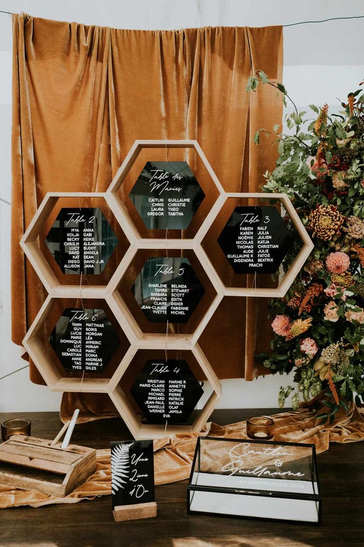 Black and white wedding table plan in the shape of a bee hive - last minute wedding preparations 