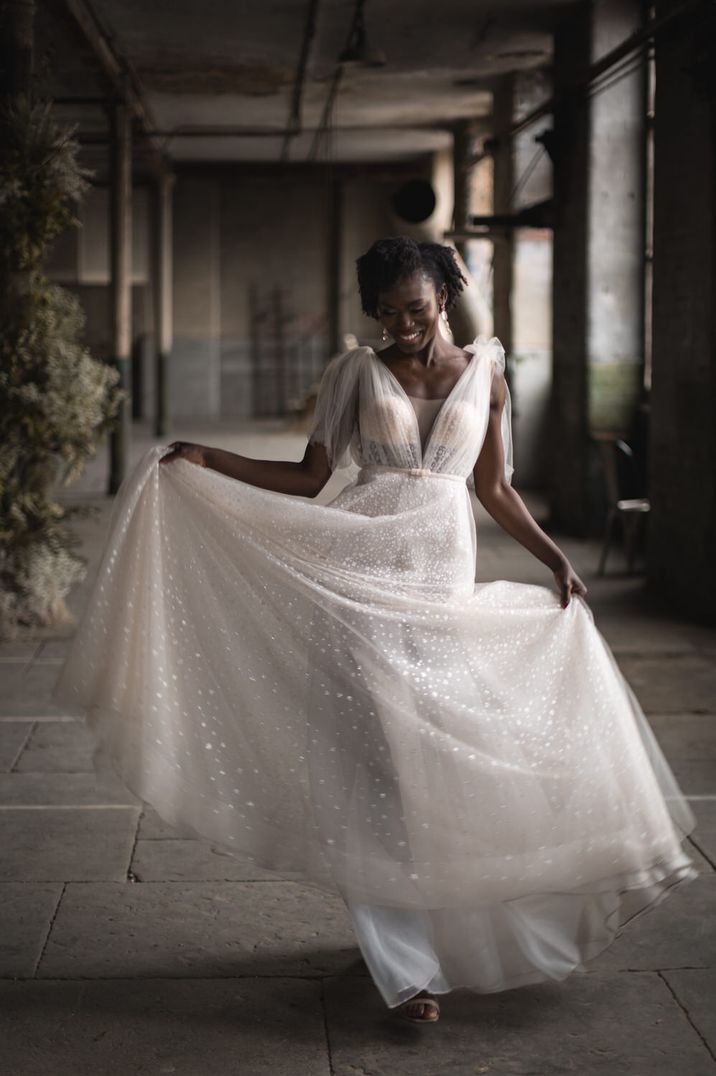 Sparkly star detail tulle bodice princess wedding dress by Jun Tan Weddings