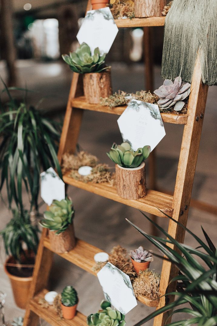 Wooden ladder table plan decorated with succulents and hexagonal cards 