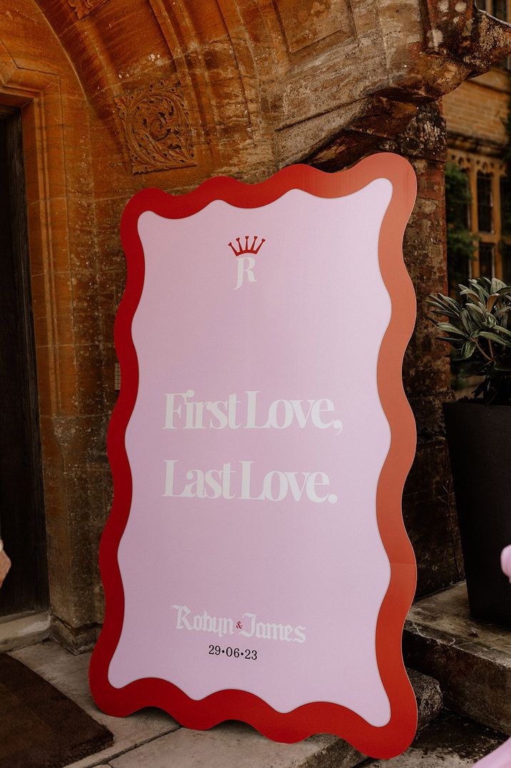 Squiggly red and pink large wedding welcome sign for country house wedding Valentine's Day wedding idea 