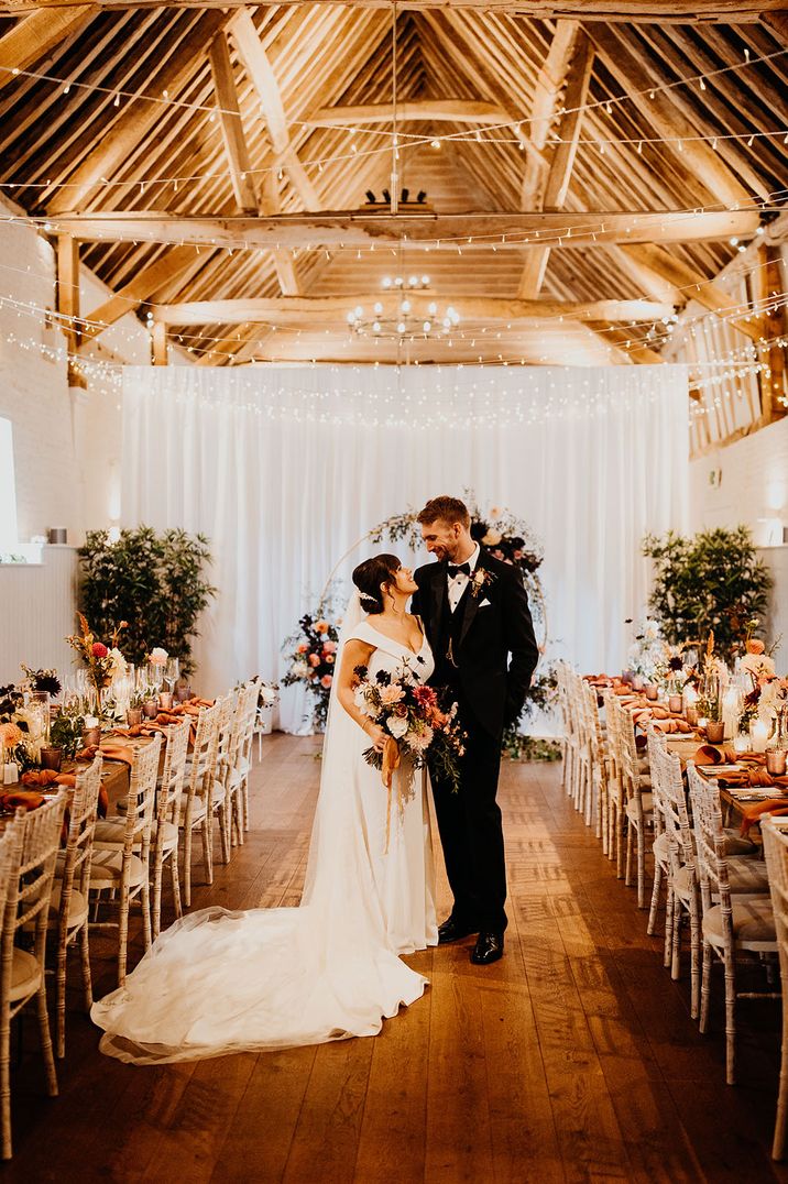 Fairy light decorations at barn wedding venue 