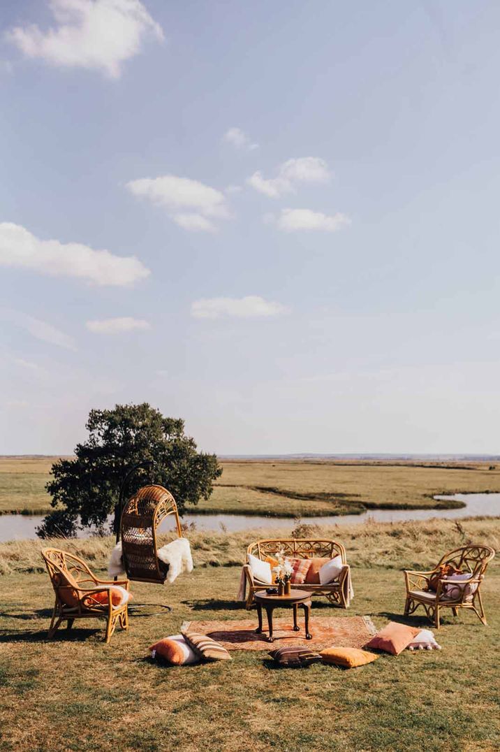 Parkland of Elmley Nature Reserve wedding venue with outdoor wedding furniture and decor 