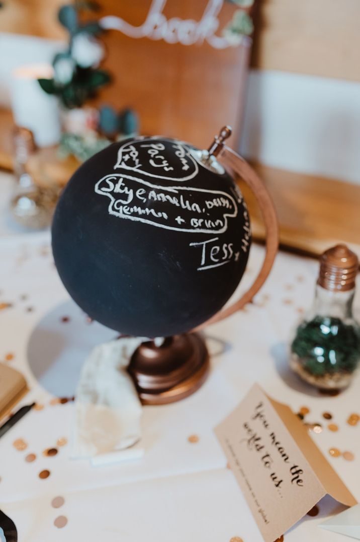 Globe painted with black board paint for wedding guest book 