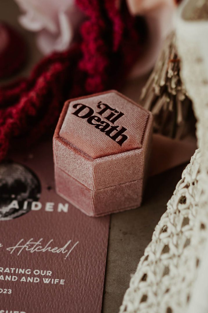 Personalised pink velvet ring box with 'til death do us part' printed on the lid 