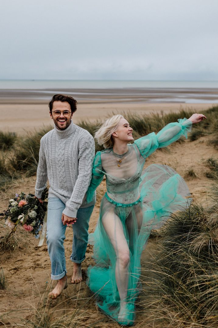 green pastel coloured alternative wedding dress for beach elopment