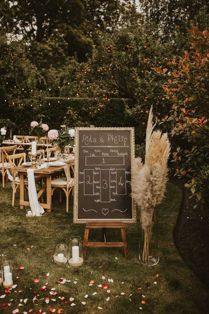 Simple and minimal wedding chalkboard table plan with gold vintage frame 