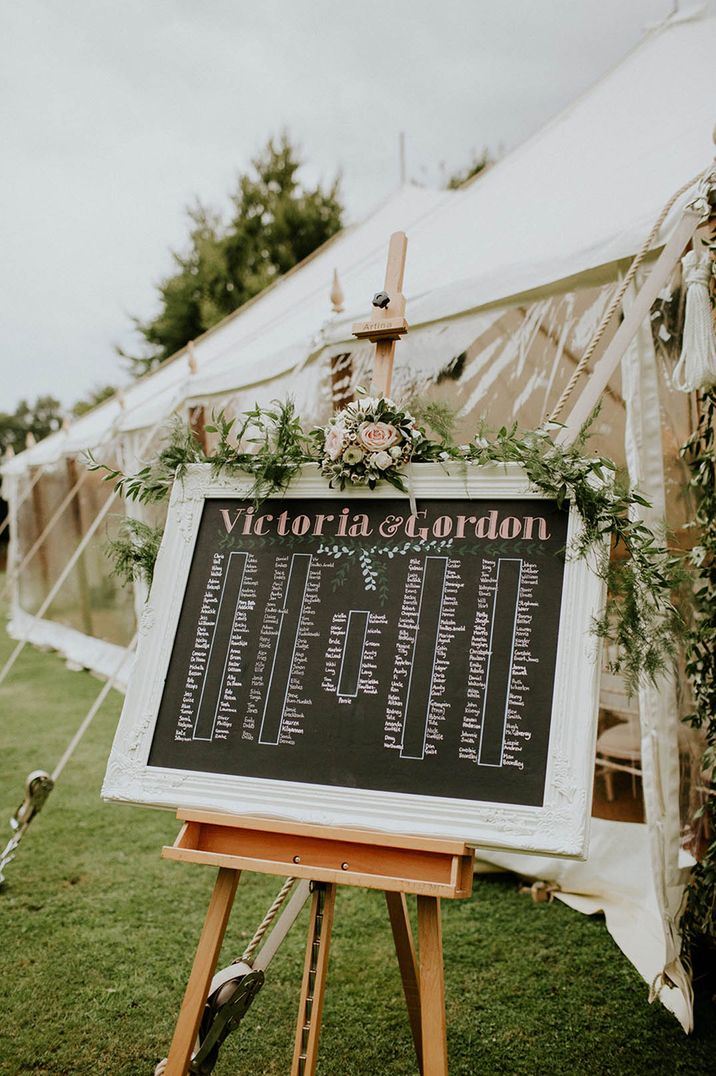 Landscape pink and white chalkboard wedding seating chart 