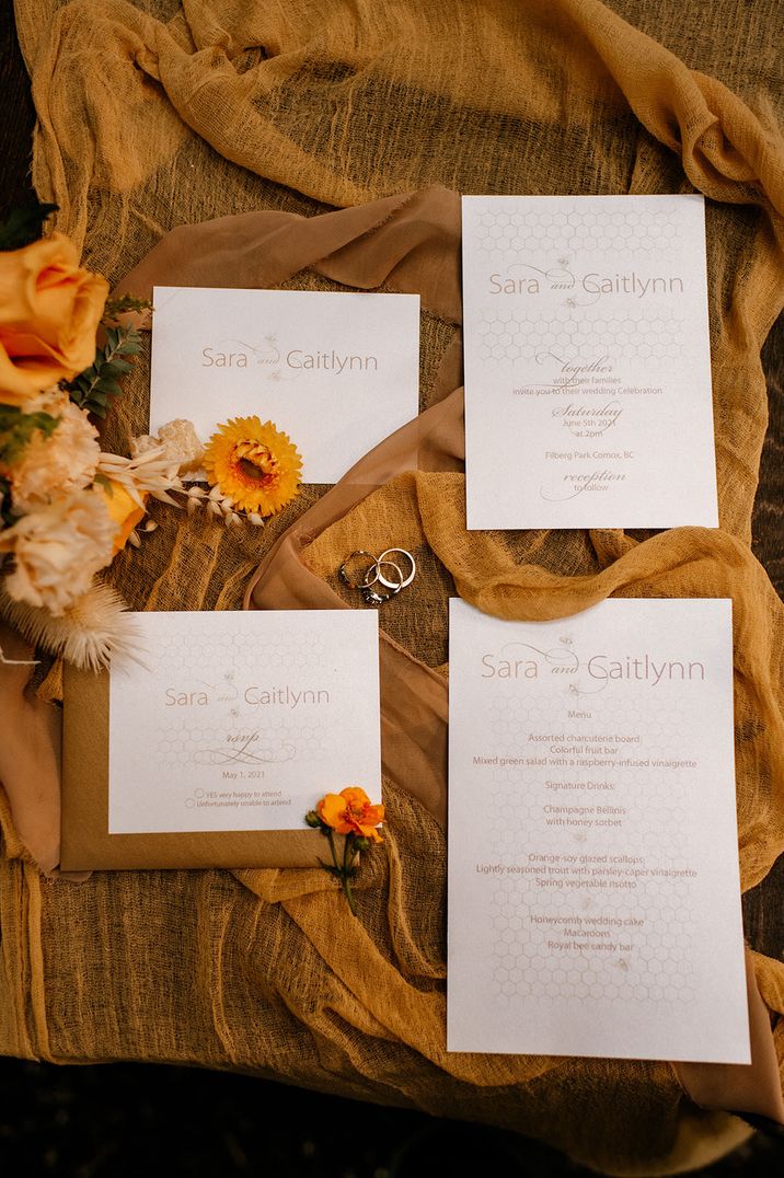 Dark deep yellow wedding stationery suite with fabric 