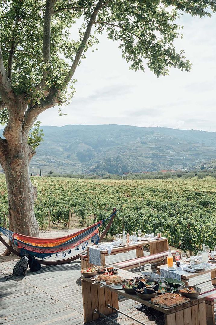 Vinyeard in Porto for hen do destination idea. Image includes scenic view, hammock and benches with food and drink by Anna Ferguson Photography