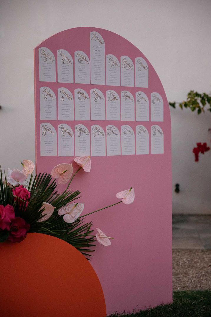 Pink wedding seating chart display idea for destination wedding 