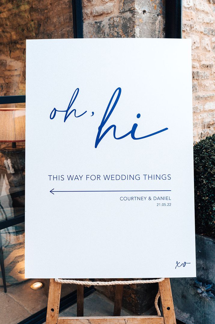 Simple and minimal blue and white welcome wedding sign 