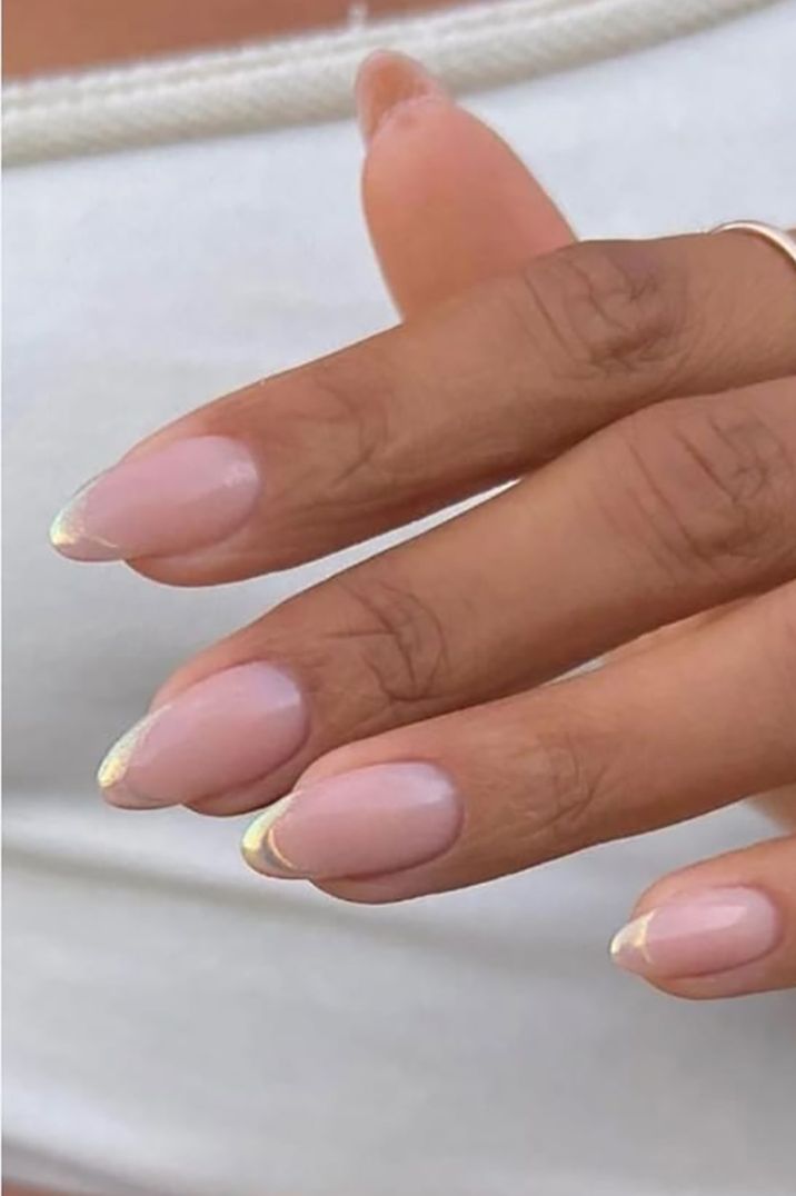 Neutral base nail set with gold chrome French tip 