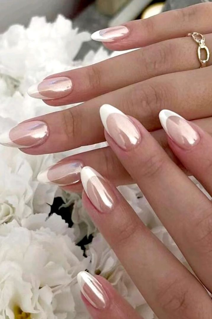 Chrome engagement nails with white classic French manicure by Paint Nails London