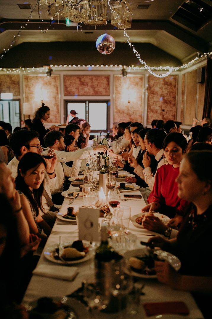 Pub wedding reception with fairy light decor