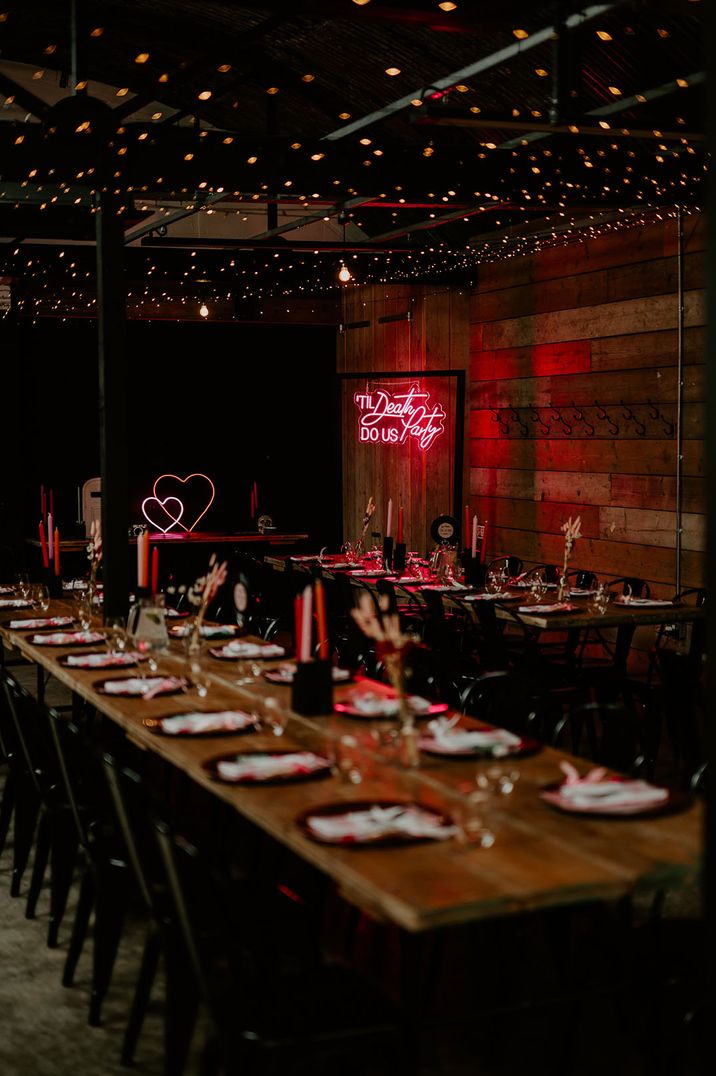 Pink neon sign decorating the industrial wedding venue, The Shack Revolution 