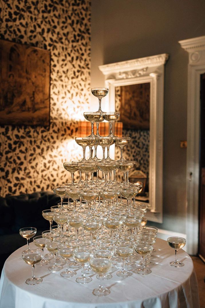 Large champagne tower using coupe glasses 