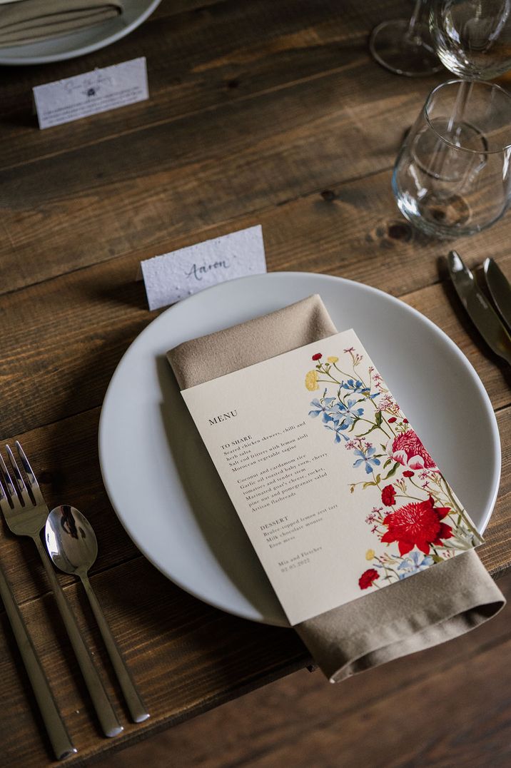 Menu wedding stationery with colourful and bright flower design by Papier 