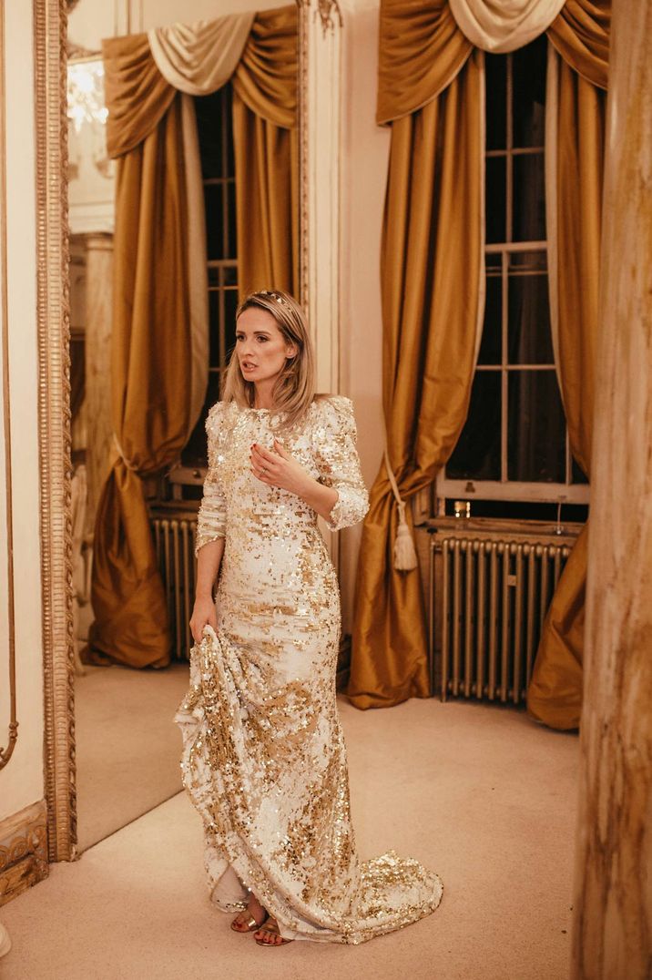 Bride in sequin Abigail Gardenia dress and gold bridal crown