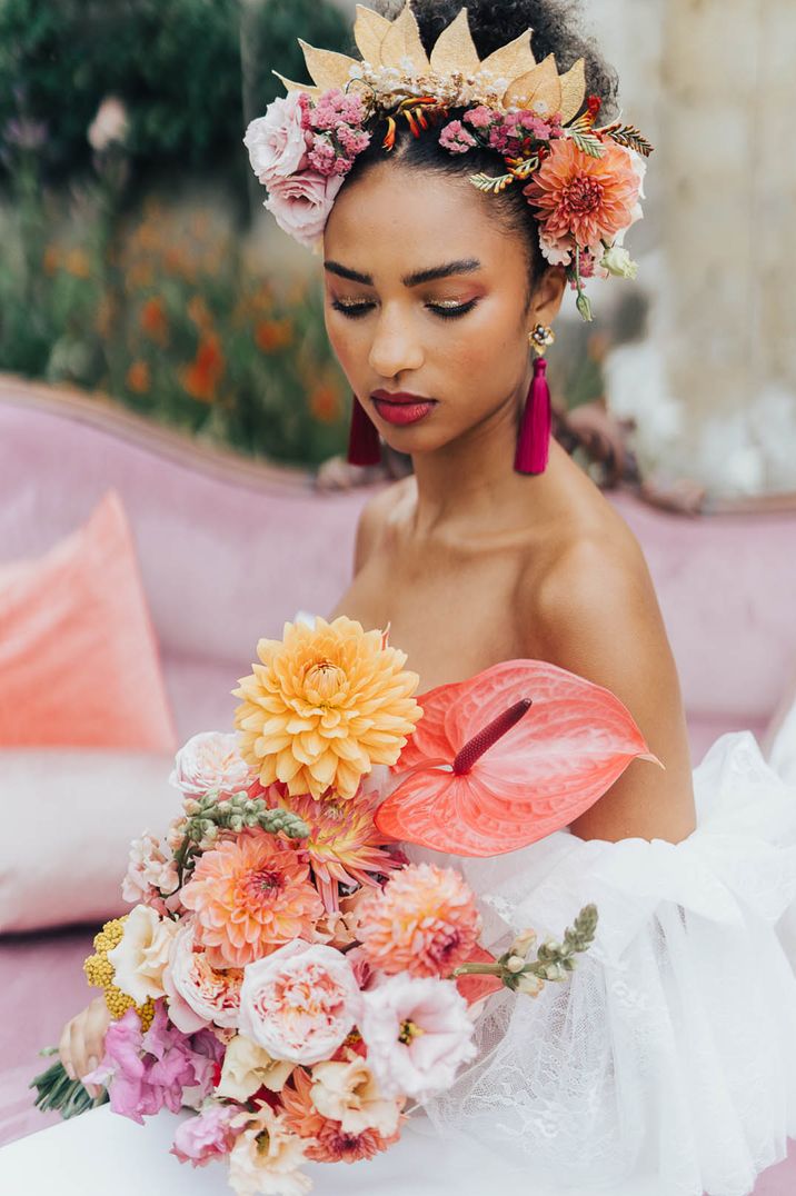 colourful tropical wedding bouquet with dahlias and anthuriums 