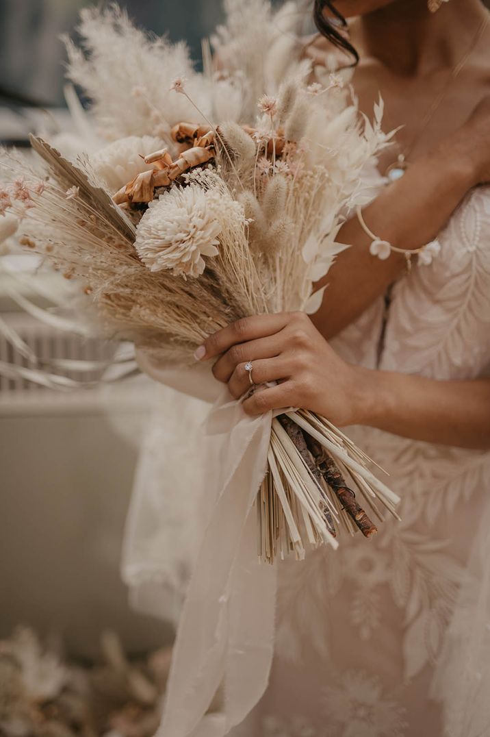 Dried wedding flowers with pampas grass, bunny grass, white roses and more 