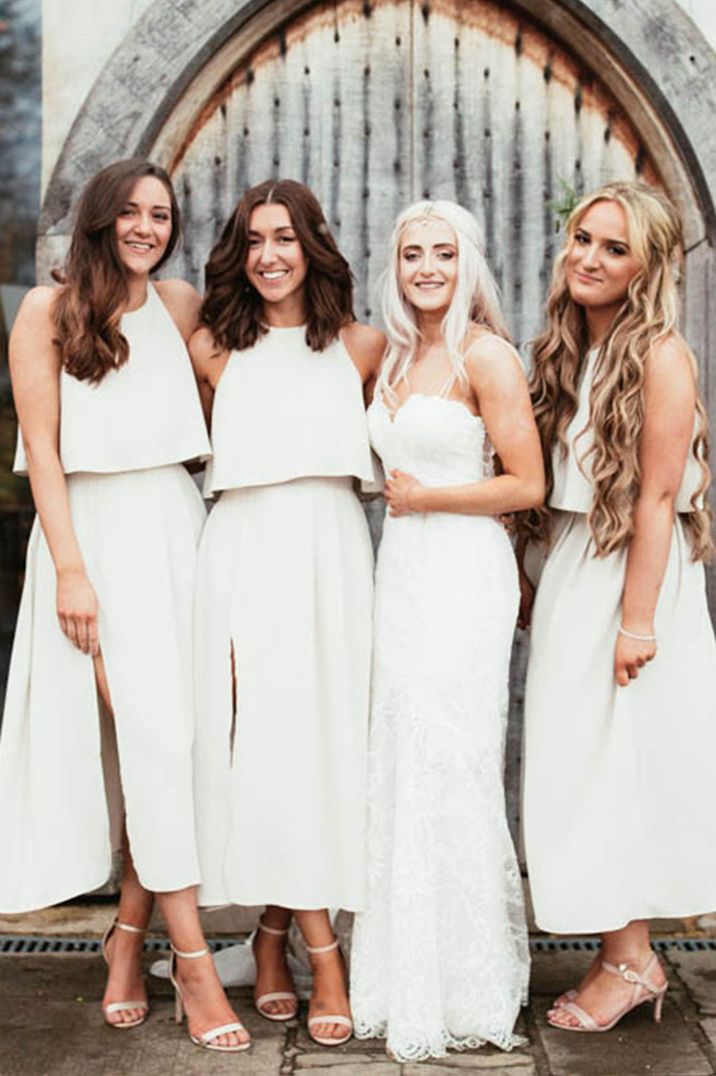 High neck white bridesmaid dresses with high leg slit 