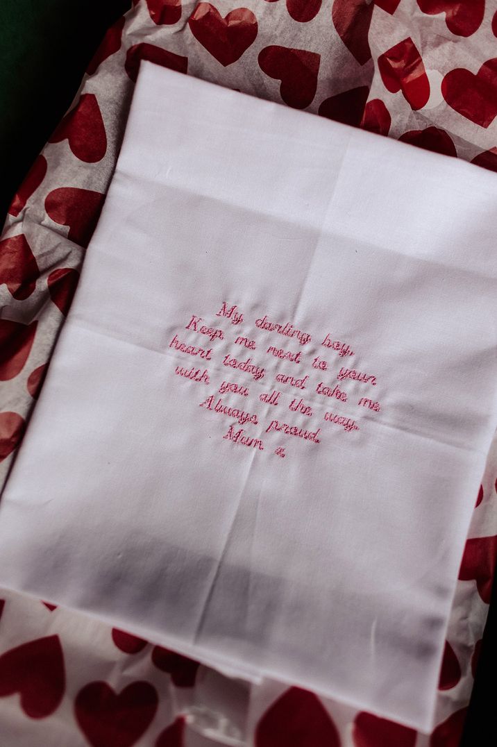 Personalised embroidered napkin for the wedding written from the bride to her son 