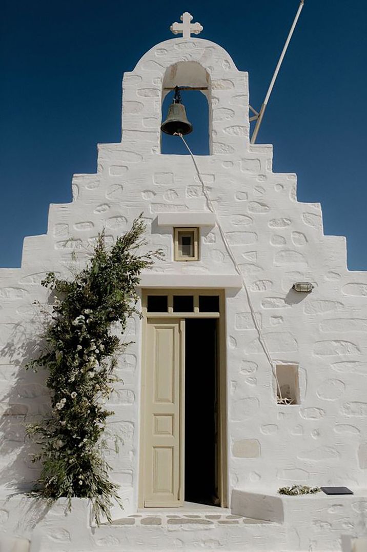 Greek white wedding chapel by Polkadot Photography