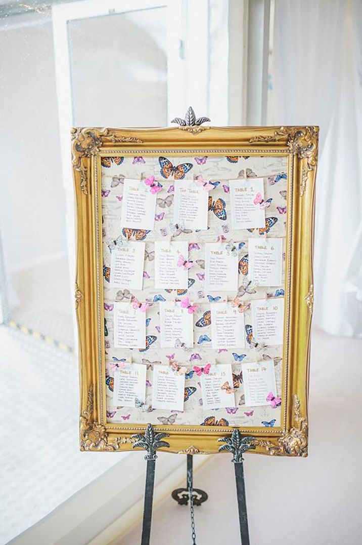 Butterfly-themed wedding seating chart by Sarah Jane Ethan Photography