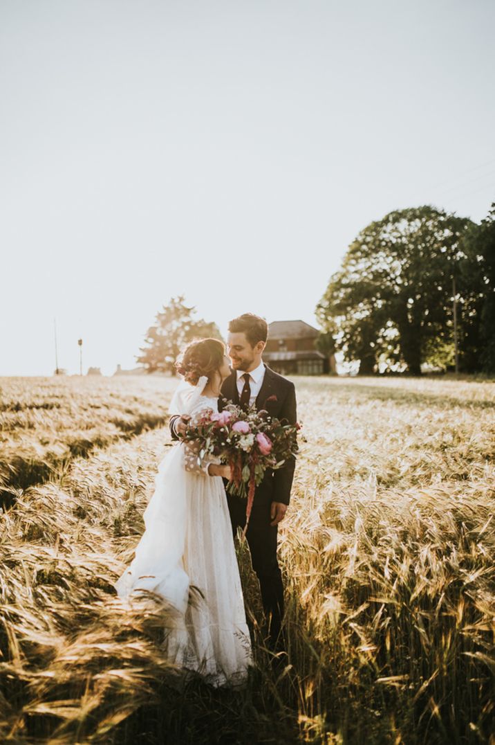 Golden hour portrait in a corn field for rustic wedding in Norfolk