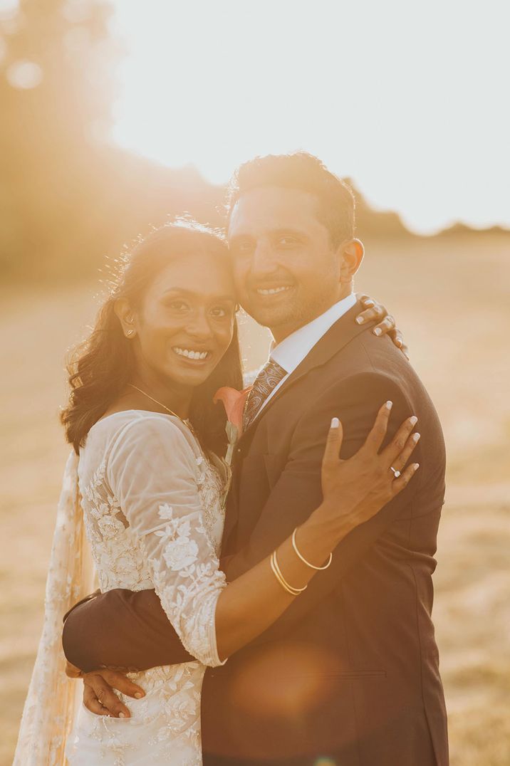 Close up photography of the bride and groom on their wedding day during golden hour 