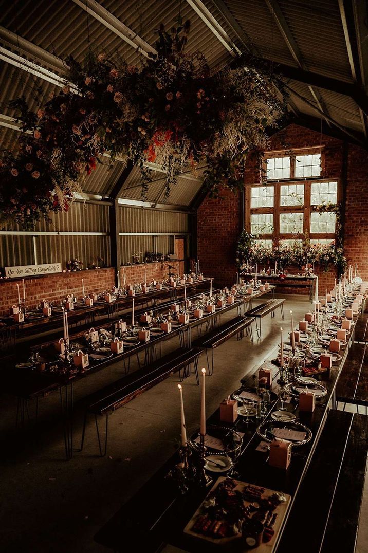 The Giraffe Shed wedding venue reception room with suspended foliage installations - timeline of wedding day 