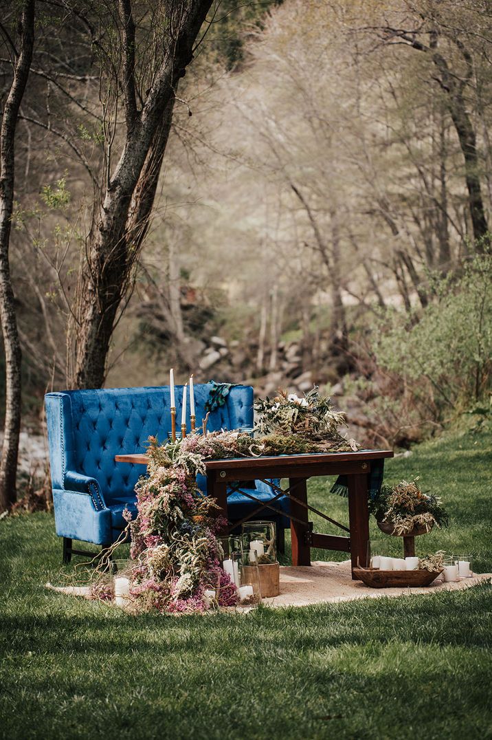 Dark blue wedding sofa for outdoor wedding breakfast at intimate elopement wedding in Scotland 