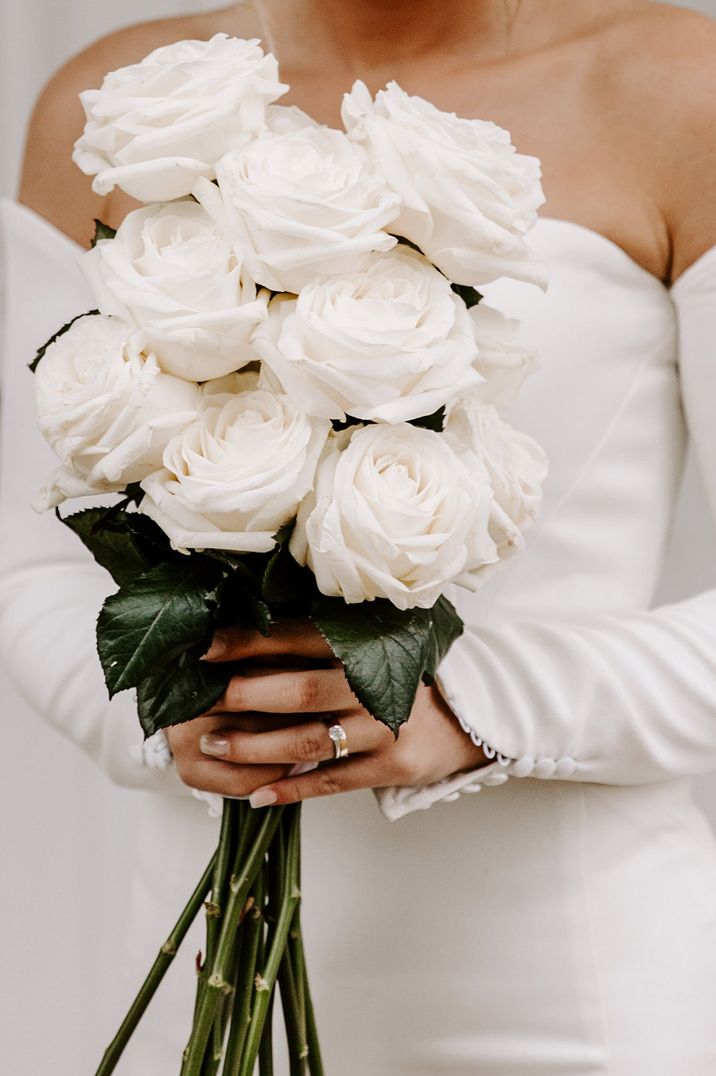 All white rose wedding bouquet for Valentine's Day proposal ideas 