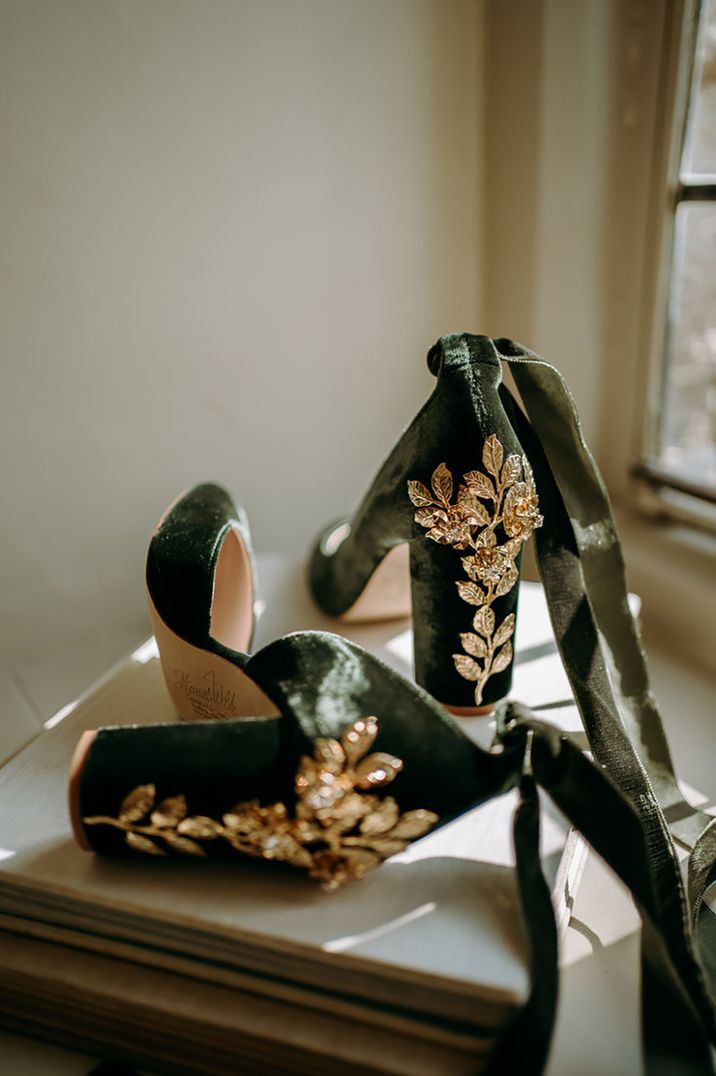 Green suede platform bridal wedding shoes with gold leaves and gems with ribbons