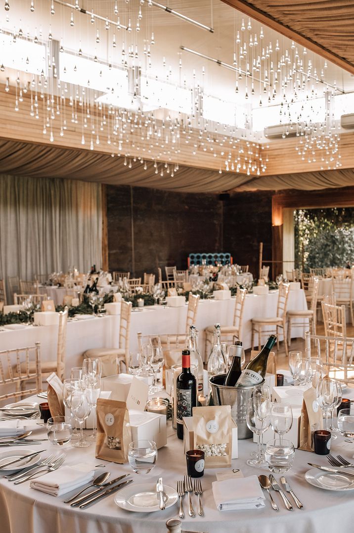 Gloucestershire wedding venue, Elmore Court, decorated with neutral flowers and stunning lights 